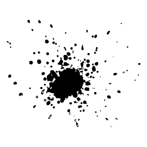 Black blot with splashes Spilled ink with dots droplets white paper random smudges silhouettes