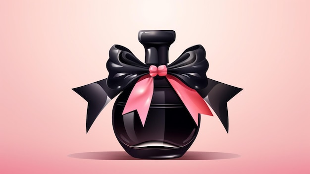 a black bottle with a red ribbon on it