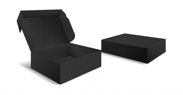 Black box packaging. Side view open and closed gift blank boxes. Empty cardboard black product package 3d   template