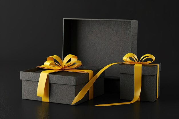 Vector a black box with a gold ribbon tied around it and a black box with a gold ribbon tied around it