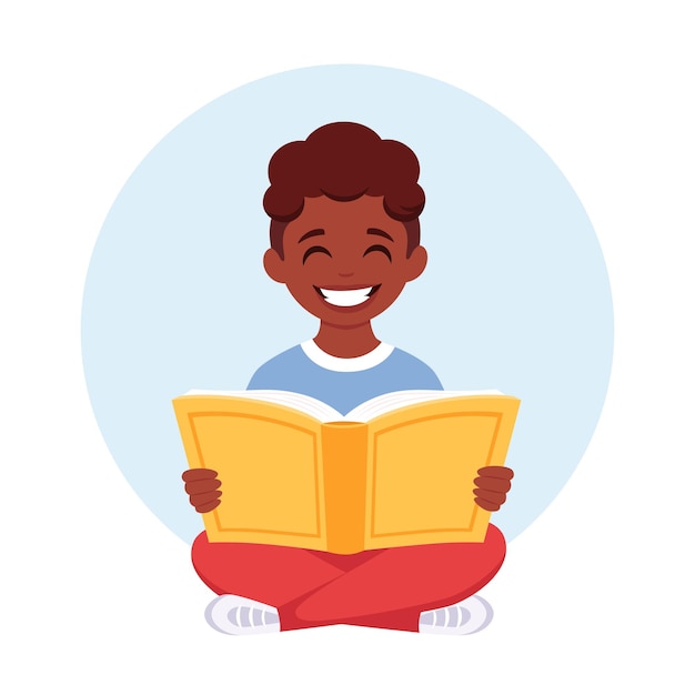 Black boy reading book Boy studying with a book Vector illustration