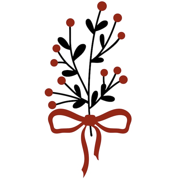 Black branch with red berries and bow vector illustration Traditional berry christmas element