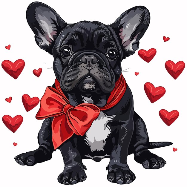 Vector a black bulldog with red hearts around its neck