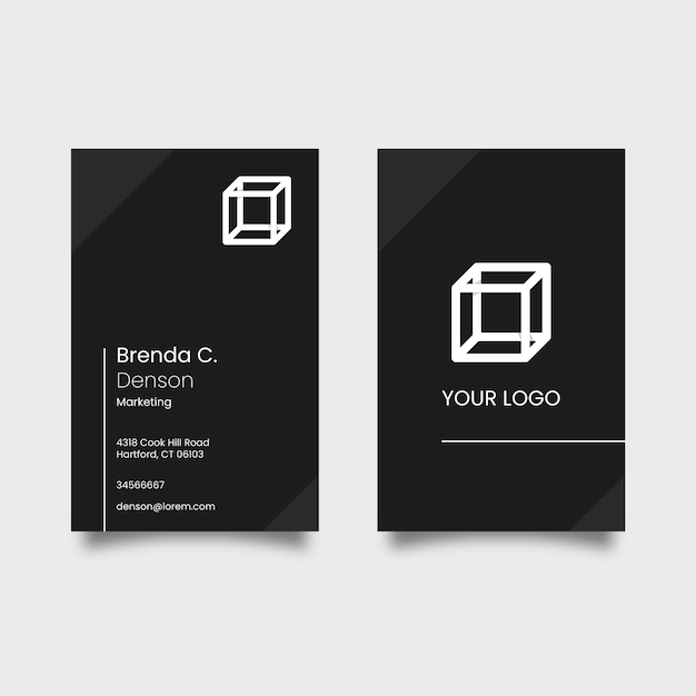 Black business card with white logo cube