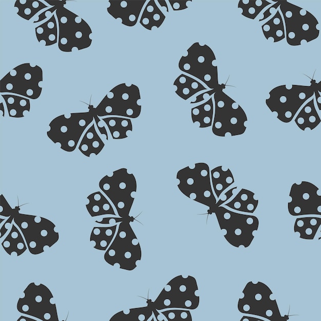 Vector black butterflies with polka dots seamless pattern on blue background