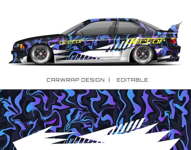 Vector black car with blue purple and white marbled wrap design