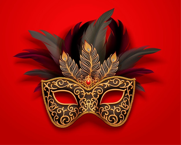 Black carnival mask with feathers decorations on red, 3d style