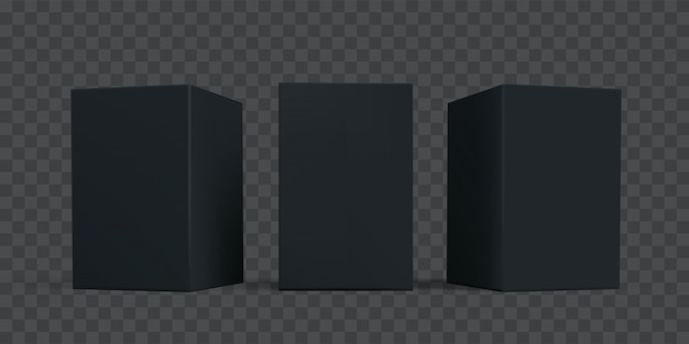 Black carton box package set.   isolated 3D black cardboard or paper package boxes models templates