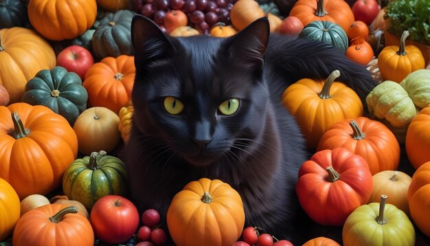 Vector black cat amidst a harvest of pumpkins and apples