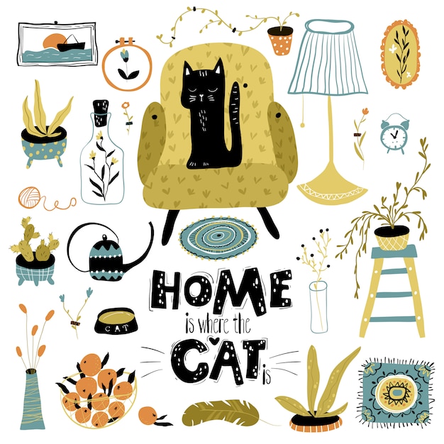 black cat in the apartment. Colorful modern illustration in simple hand-drawn style. Lettering - Home is where your cat is