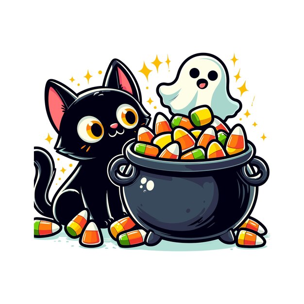 Vector a black cat and a bowl of candy halloween curious black cat into a bubbling cauldron filled with ca