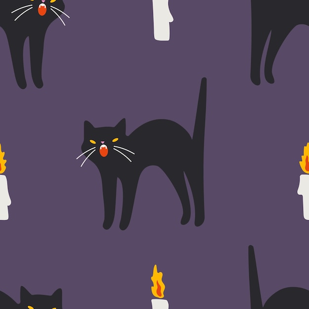 Black cat and candles seamless pattern