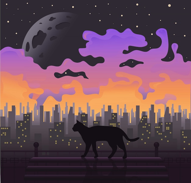 Black cat at full moon and cityscape illustration