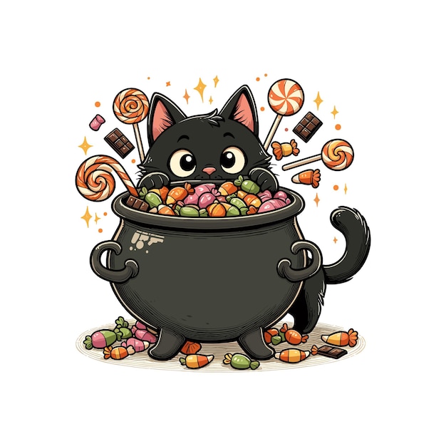 a black cat Halloween black cat peeking into a bubbling cauldron filled with candy