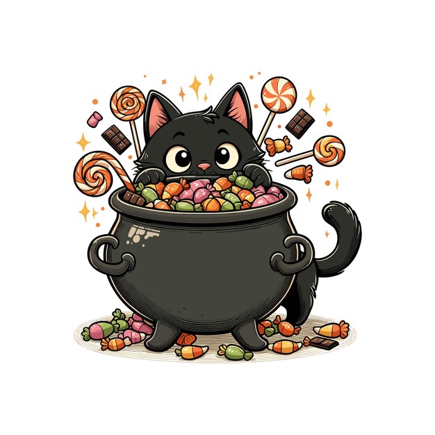 Vector a black cat halloween black cat peeking into a bubbling cauldron filled with candy