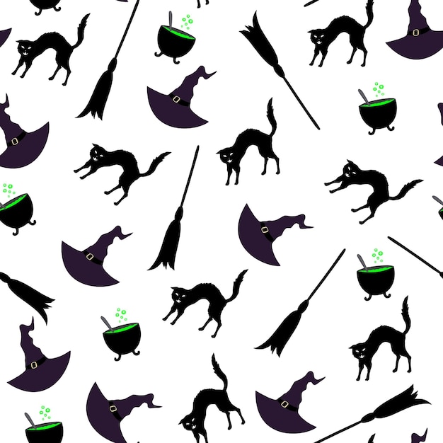 Black cat hat and cauldron in repeating pattern