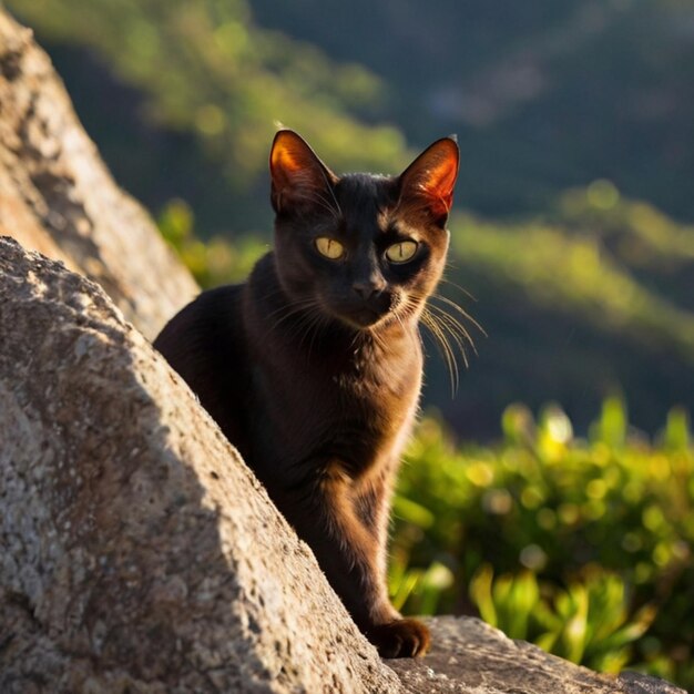 Vector a black cat is sitting on a rock with the background of a mountain