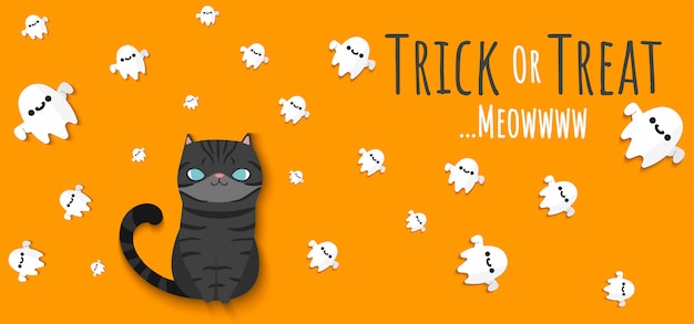 Black cat looking up to flying ghosts spirit around with lettering Trick or Treat banner