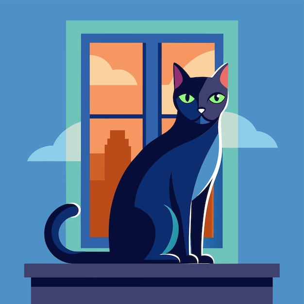 Vector a black cat perched on top of a window sill a sleek cat sitting regally on a windowsill simple and minimalist flat vector illustration