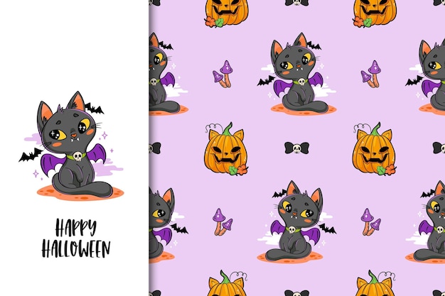 Black cat and pumpkin cartoon characters. Cute and creepy Halloween card and seamless pattern