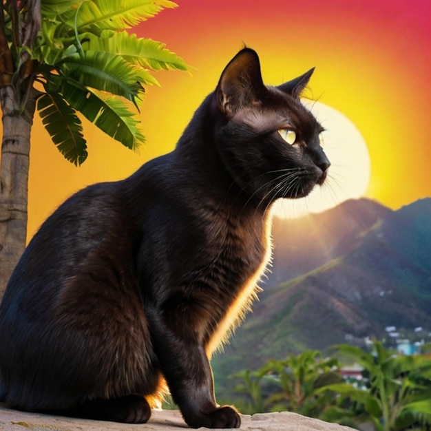 a black cat sits on a ledge with a sunset in the background