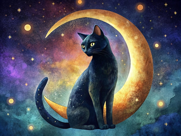 Black Cat Sitting on the Crescent Moon