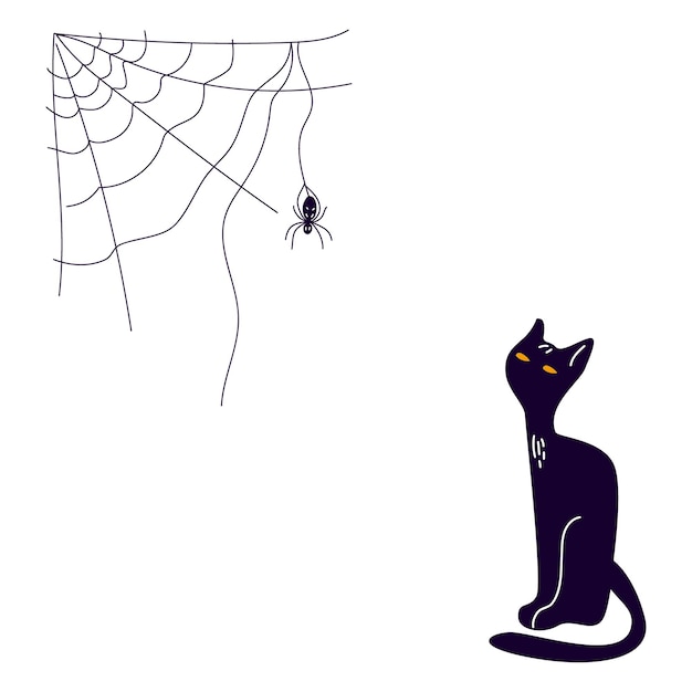 Black Cat and spider web Halloween Hand drawn illustration Isolated on white background