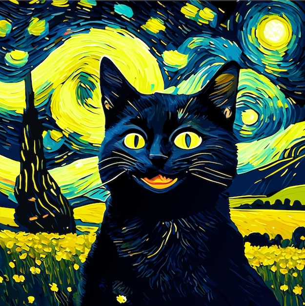 Black cat style illustration in oil painting style