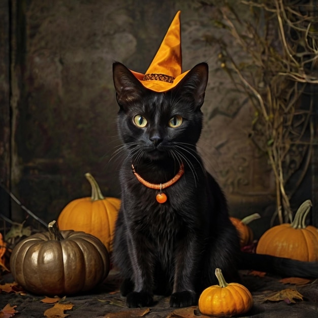 Vector a black cat wearing a yellow hat sits in front of pumpkins