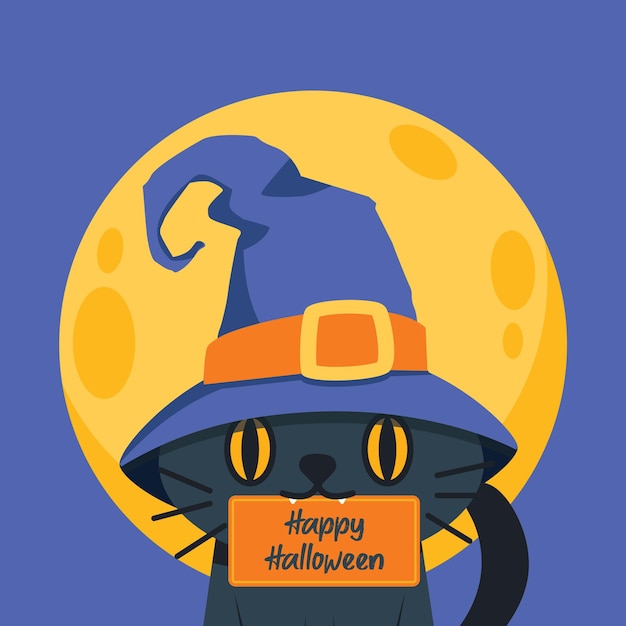 Black cat in witch hat holding up a Halloween greeting with their mouth