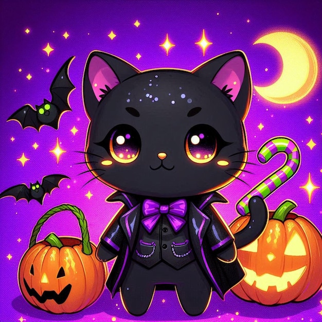 a black cat with a halloween costume and a pumpkin on the purple background