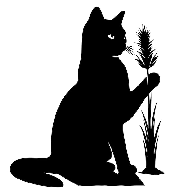 Vector a black cat with a long tail sits in front of a white background