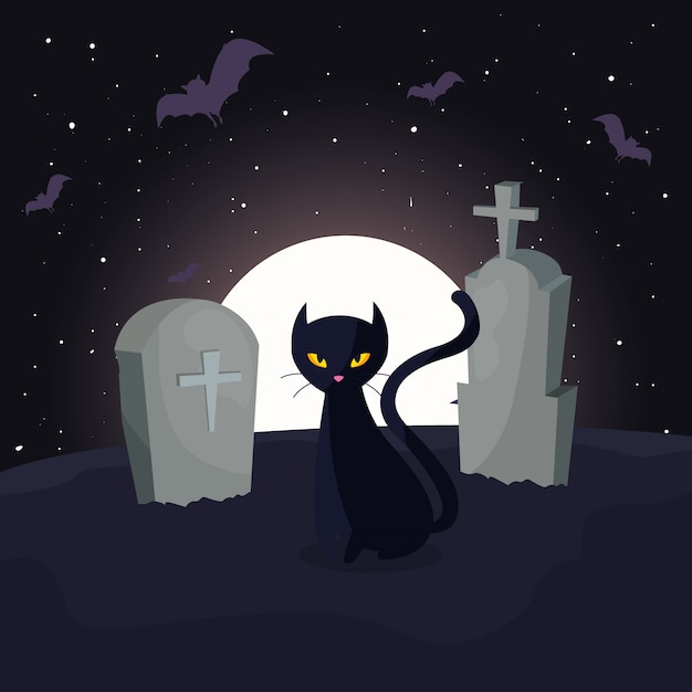 Black cat with moon in cemetery scene