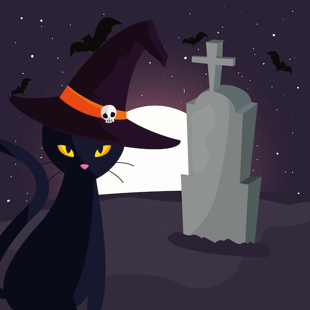 Black cat with moon in cemetery scene