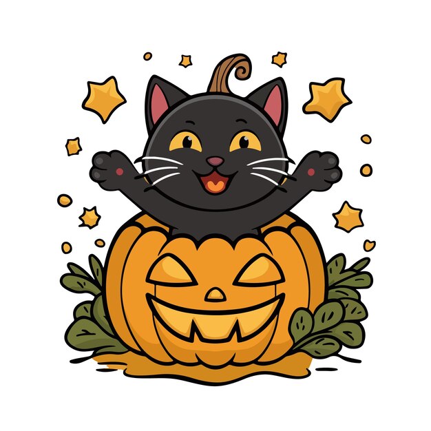 black cat with pumpkin cartoon style vector illustration