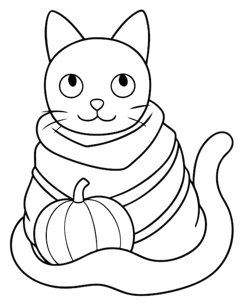 Vector a black cat with a pumpkin pillow and warm blankets coloring pages vector illustration line art