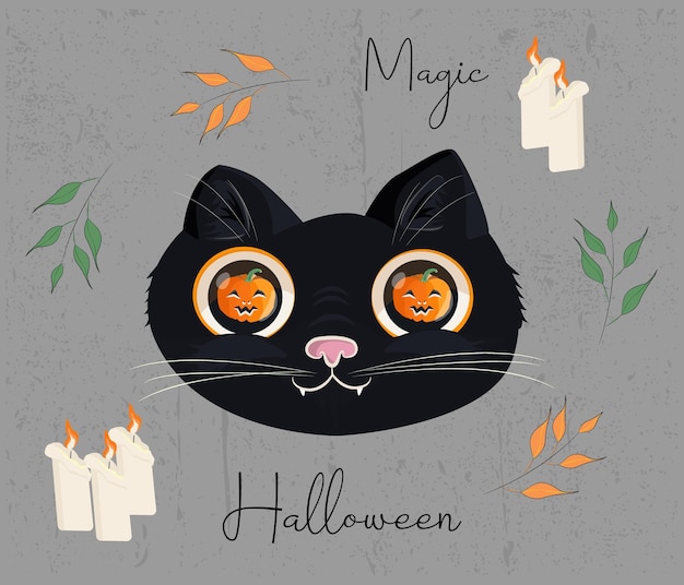 Black cat with pumpkinshaped eyes halloween illustration magical feast of darkness creepy kitten