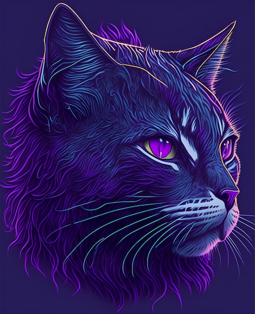 A black cat with purple and yellow eyes is shown on a purple background.