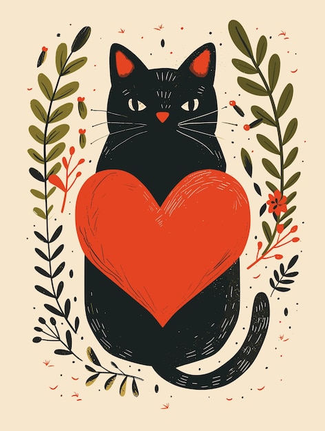 Black cat with a red heart with leaves flat illustration postcard on a beige background