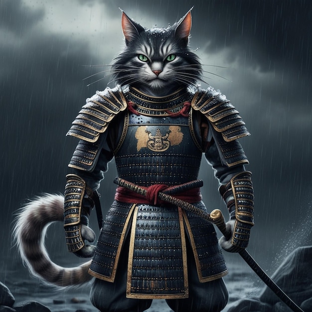 a black cat with a sword and shield in the rain