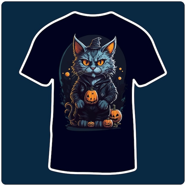 Black cat with witch hat for Halloween illustration T Shirt Design