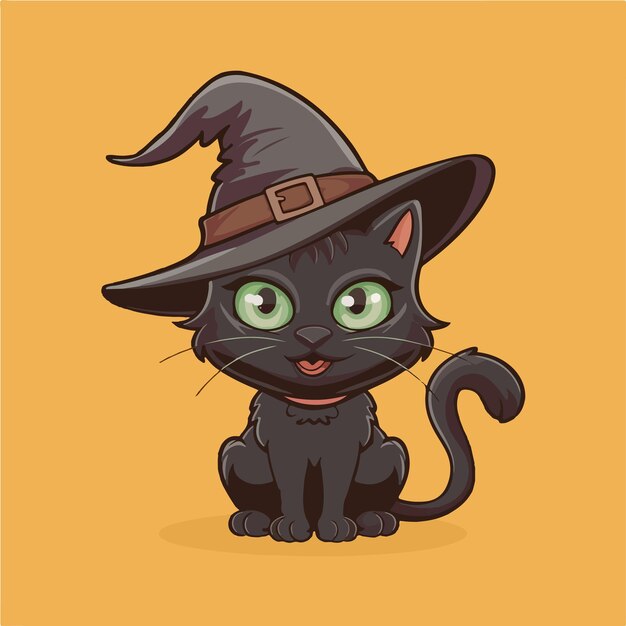 Black cat with witch hat vector icon illustration