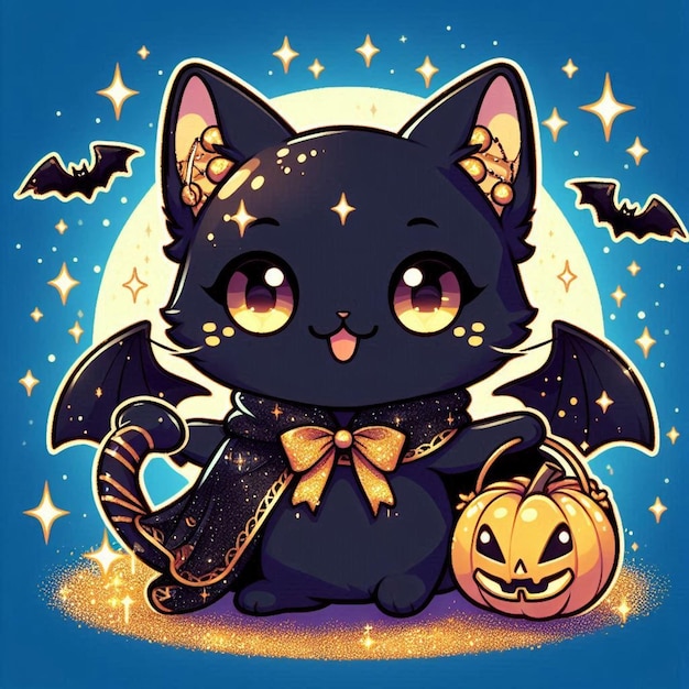 a black cat with a yellow bow and a pumpkin with a star on it