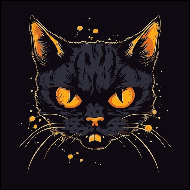 A black cat with yellow eyes and a black background.