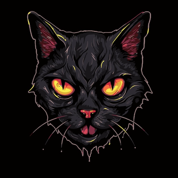 A black cat with yellow eyes is on a black background.