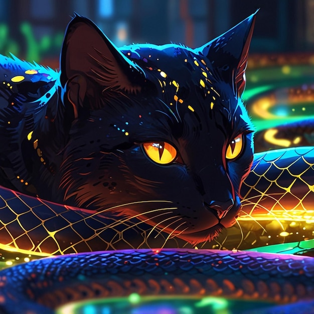 Vector a black cat with yellow eyes is laying on a spiral pattern