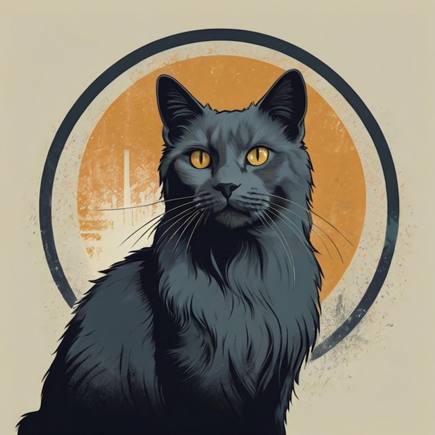 a black cat with yellow eyes is sitting in a circle