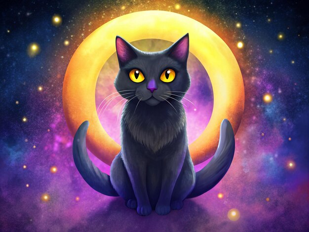 Vector black cat with yellow eyes sitting in front of a yellow ring in a galaxy