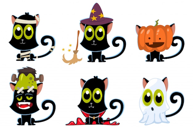 Vector black cats in halloween costumes set: zombies, ghost, pumpkin, vampire, witch and mummy.