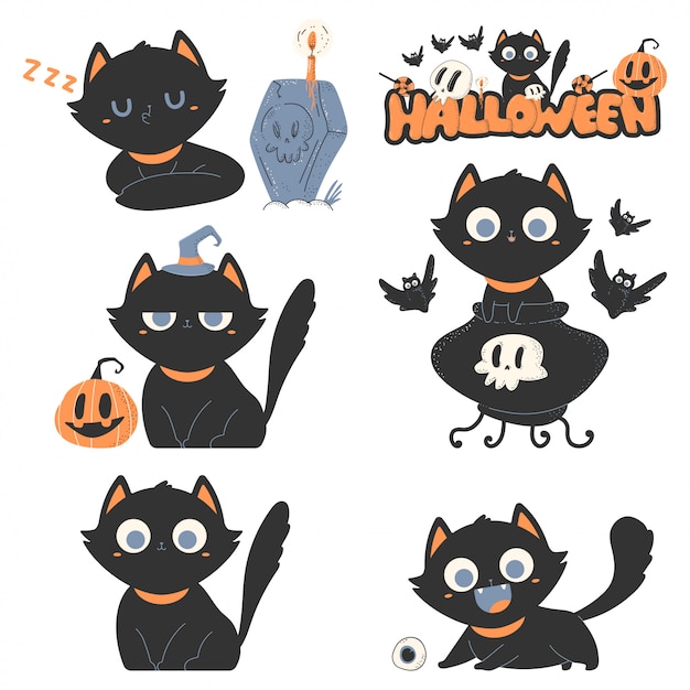 Black cats vector cartoon cute pets characters set for Halloween isolated.